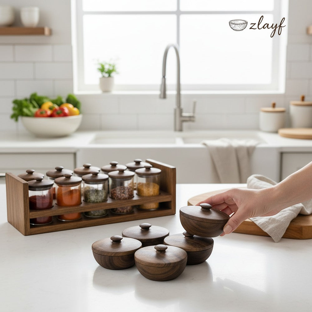 Zlayf handcrafted dark wood storage containers with lids, perfect for spices or jewelry. Set of 6 bowls on counter.