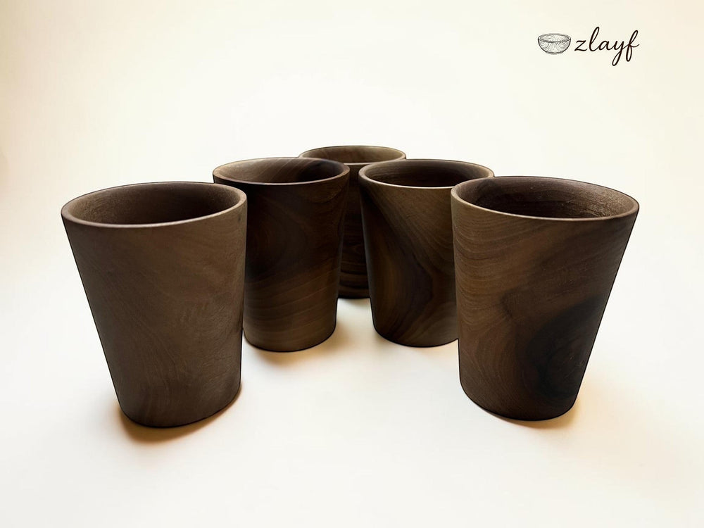 Zlayf dark wood tumblers with unique grain patterns and tapered design. Set of five.