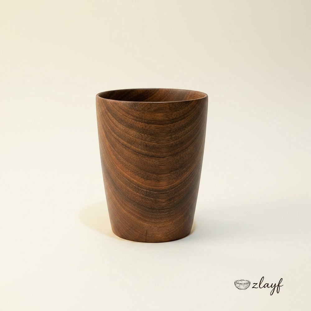 Zlayf handcrafted dark walnut wooden tumbler cup with natural grain patterns and smooth finish.
